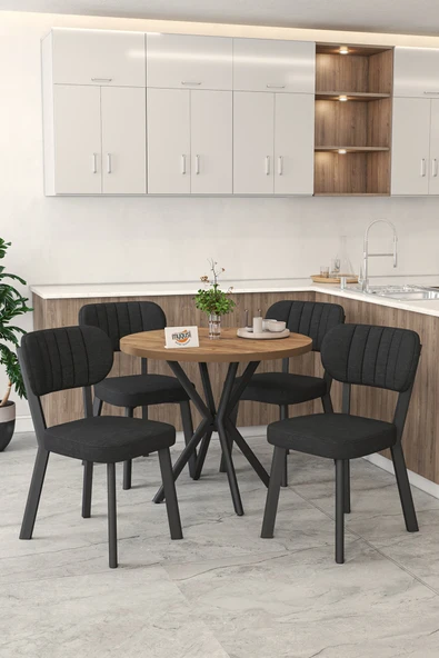 Mygusi Gnr 90cm Sabit Atlantik Mutfak Masası Takımı, Yemek Masası, 4 Modern Siyah Sandalye ürün görseli 1