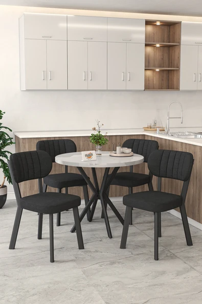 Mygusi Gnr 90cm Sabit Beyaz Mutfak Masası Takımı, Yemek Masası, 4 Modern Siyah Sandalye ürün görseli 1