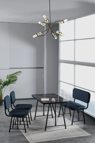 Mygusi Hayat 70x110 Bendir Mutfak Masası, Mutfak Masası Takımı, Yemek Masası, 2 Sandalye 1 Bench - Lacivert ürün görseli 1