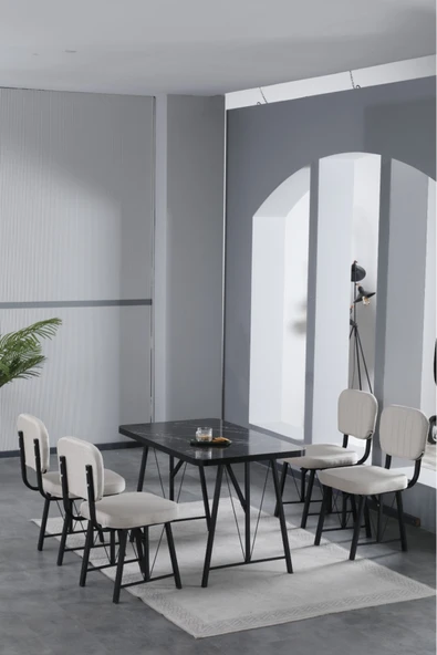 Mygusi Hayat 70x110cm Sabit Bendir Mutfak Masası, Mutfak Masası Takımı, Yemek Masası, 4 Krem Sandalye ürün görseli 1