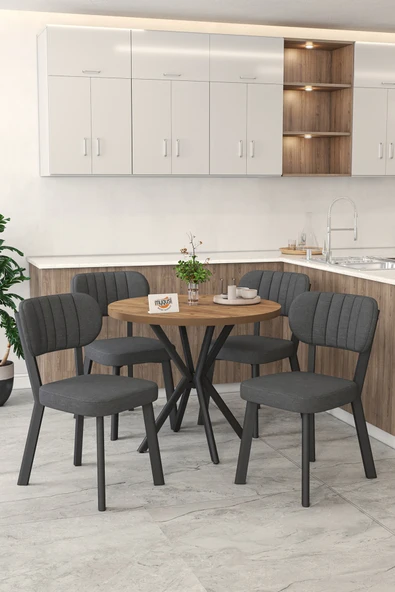 Mygusi Gnr 90cm Sabit Atlantik Mutfak Masası Takımı, Yemek Masası, 4 Modern Antrasit Sandalye ürün görseli 1