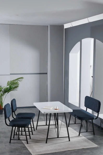 Mygusi Hayat 70x110 Beyaz Mutfak Masası, Mutfak Masası Takımı, Yemek Masası, 2 Sandalye 1 Bench - Lacivert ürün görseli 1