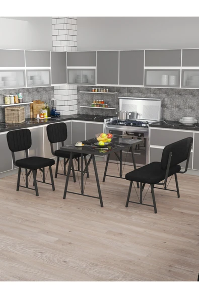 Mygusi Hayat 70x110 Bendir Mutfak Masası, Mutfak Masası Takımı, Yemek Masası, 2 Sandalye 1 Bench - Siyah ürün görseli 1