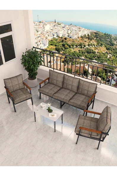 Mygusi Modern Serisi Bahçe Takımı, Bahçe Mobilyası, Metal Koltuk Takımı - 3+1+1 Sehpalı - Beyaz Cappucino ürün görseli 1