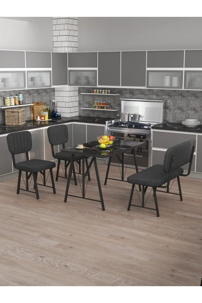 Mygusi Hayat 70x110 Bendir Mutfak Masası, Mutfak Masası Takımı, Yemek Masası, 2 Sandalye 1 Bench - Antrasit ürün görseli 1