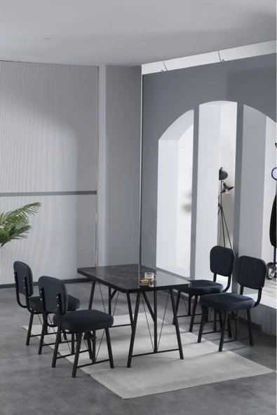 Mygusi Hayat 70x110cm Sabit Bendir Mutfak Masası, Mutfak Masası Takımı, Yemek Masası, 4 Lacivert Sandalye ürün görseli 1