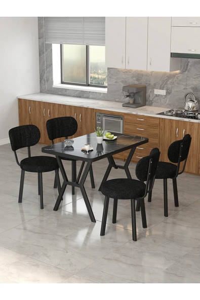 Mygusi Azra 70x110cm Bendir Mutfak Masası, Mutfak Masası Takımı, Yemek Masası, 4 Siyah Sandalye ürün görseli 1