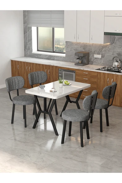 Mygusi Azra 70x110cm Beyaz Mutfak Masası, Mutfak Masası Takımı, Yemek Masası, 4 Koyu Gri Sandalye ürün görseli 1