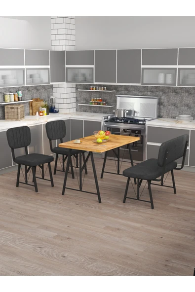 Mygusi Hayat 70x110 Atlantik, Mutfak Masası Takımı, Yemek Masası, 2 Sandalye 1 Bench - Antrasit ürün görseli 1