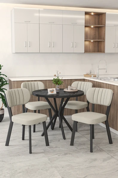 Mygusi Gnr 90cm Sabit Siyah Mutfak Masası Takımı, Yemek Masası, 4 Modern Krem Sandalye ürün görseli 1