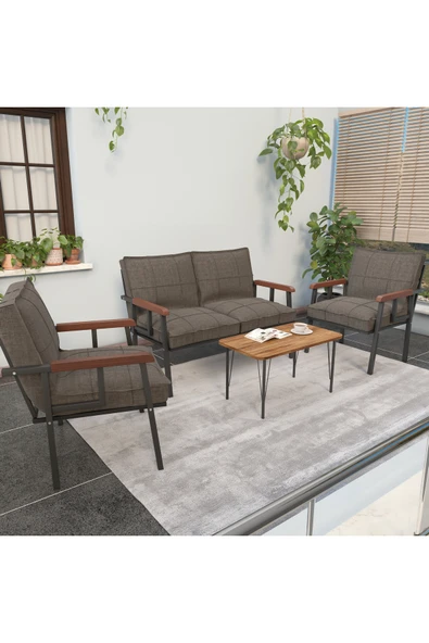 Modern Balkon, Bahçe, Cafe, Metal Kanepe Koltuk Takımı , Bahçe Mobilyası, 211 Sehpalı - Cappucino ürün görseli 1