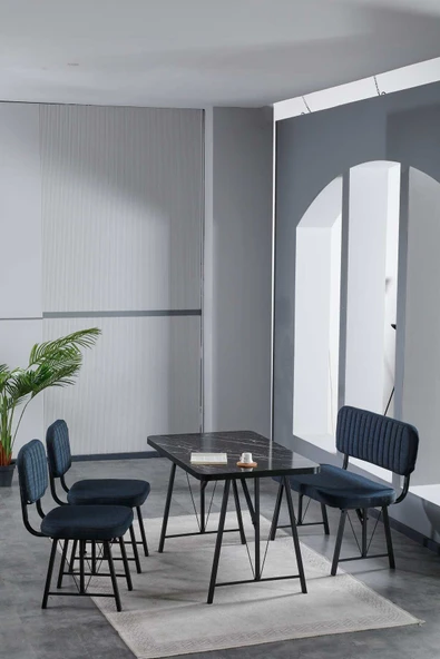 Mygusi Hayat 70x110 Bendir Mutfak Masası, Mutfak Masası Takımı, Yemek Masası, 2 Sandalye 1 Bench - Lacivert ürün görseli 1