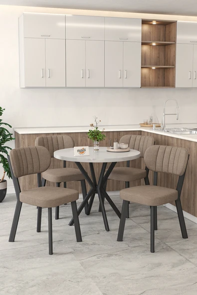 Mygusi Gnr 90cm Sabit Beyaz Mutfak Masası Takımı, Yemek Masası, 4 Modern Cappucino Sandalye ürün görseli 1