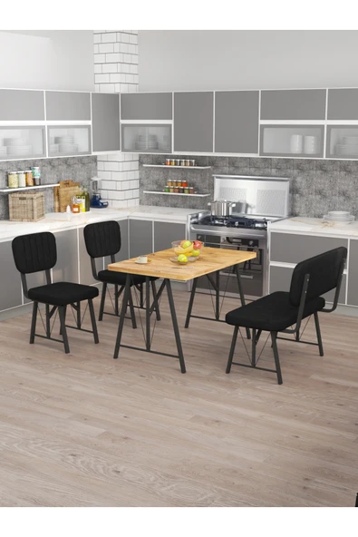 Mygusi Hayat 70x110 Atlantik Mutfak Masası, Mutfak Masası Takımı, Yemek Masası, 2 Sandalye 1 Bench - Siyah ürün görseli 1