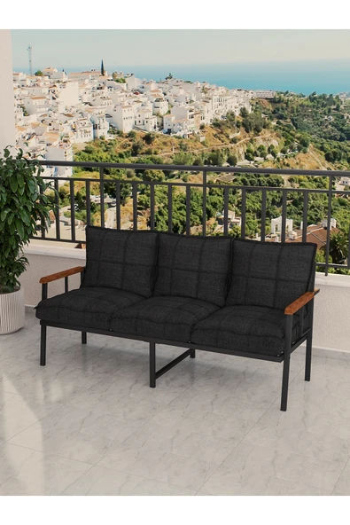 Mygusi Modern Balkon, Bahçe, Cafe, Metal Koltuk, Kanepe Üçlü - Siyah ürün görseli 1