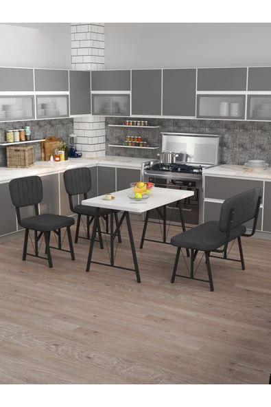 Mygusi Hayat 70x110 Beyaz Mutfak Masası, Mutfak Masası Takımı, Yemek Masası, 2 Sandalye 1 Bench - Antrasit ürün görseli 1