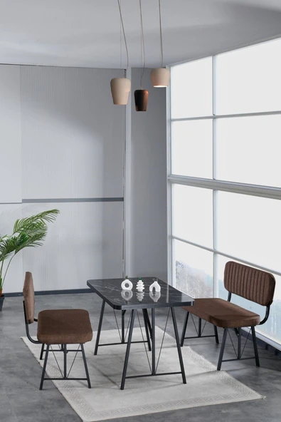 Mygusi Hayat 70x110 Bendir Mutfak Masası, Mutfak Masası Takımı, Yemek Masası, 2 Benchli - Kahverengi ürün görseli 1