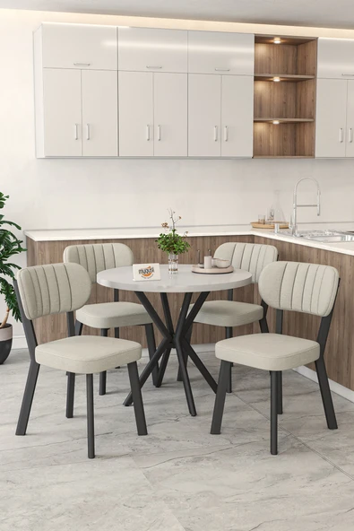 Mygusi Gnr 90cm Sabit Beyaz Mutfak Masası Takımı, Yemek Masası, 4 Modern Krem Sandalye ürün görseli 1