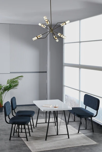 Mygusi Hayat 70x110 Beyaz Mutfak Masası, Mutfak Masası Takımı, Yemek Masası, 2 Sandalye 1 Bench - Lacivert ürün görseli 1