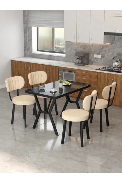 Mygusi Azra 70x110cm Bendir Mutfak Masası, Mutfak Masası Takımı, Yemek Masası, 4 Krem Sandalye ürün görseli 1