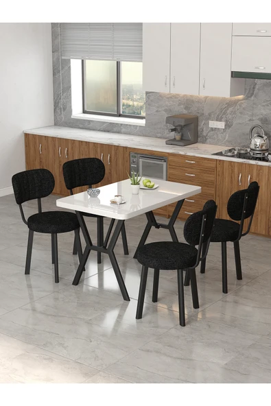 Mygusi Azra 70x110cm Beyaz Mutfak Masası, Mutfak Masası Takımı, Yemek Masası, 4 Siyah Sandalye ürün görseli 1