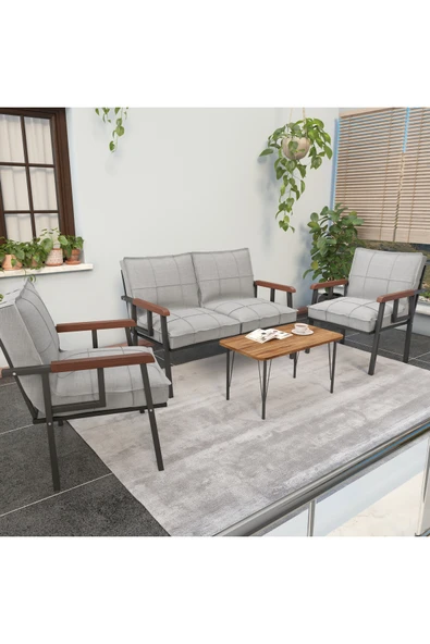 Mygusi Modern Balkon, Bahçe, Cafe - Metal Kanepe Koltuk Takımı - 2 1 1 Sehbalı - Açık Gri ürün görseli 1
