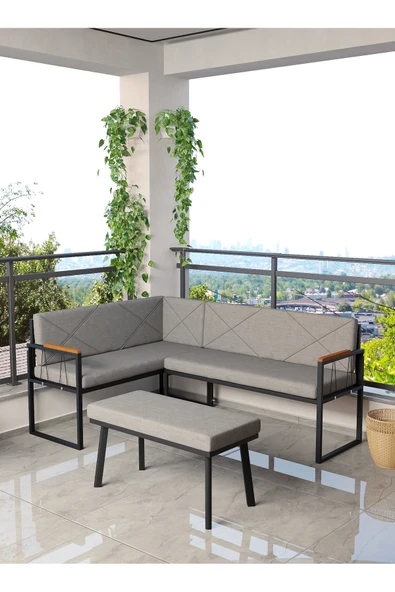 Src Serisi Balkon, Bahçe, Cafe, Köşe Takımı, Balkon Köşe Takımı - Puflu - Koyu Gri ürün görseli 1