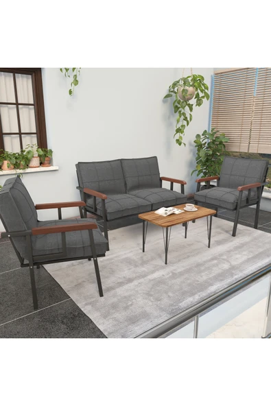 Modern Balkon, Bahçe, Cafe, Metal Kanepe Koltuk Takımı , Bahçe Mobilyası, 211 Sehpalı - Koyu Gri ürün görseli 1