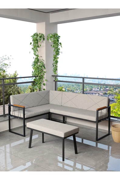 Src Serisi Balkon, Bahçe, Cafe, Köşe Takımı, Balkon Köşe Takımı - Puflu - Açık Gri ürün görseli 1