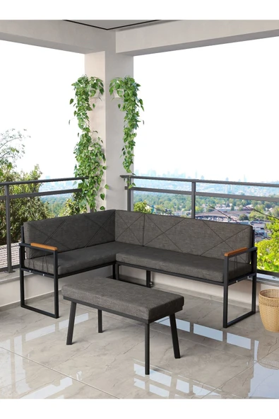 Mygusi Src Serisi Balkon, Bahçe, Cafe, Köşe Takımı, Balkon Köşe Takımı - Puflu - Antrasit ürün görseli 1