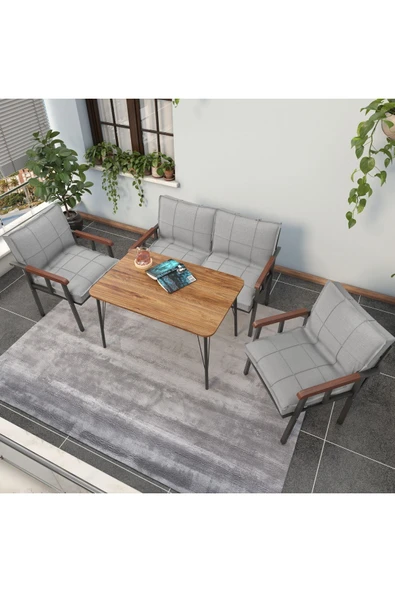 Mygusi Modern Balkon, Bahçe, Cafe - Metal Kanepe Koltuk Takımı - 2 1 1 60x90cm Masalı - Açık Gri ürün görseli 1