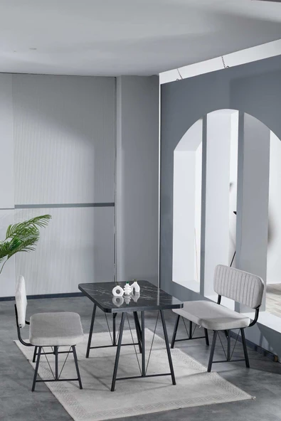 Mygusi Hayat 70x110 Bendir Mutfak Masası, Mutfak Masası Takımı, Yemek Masası, 2 Benchli - Açık Gri ürün görseli 1