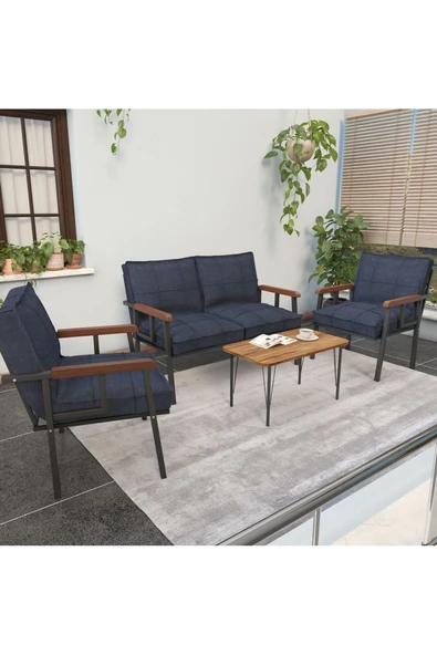 Modern Balkon, Bahçe, Cafe, Metal Kanepe Koltuk Takımı , Bahçe Mobilyası, 211 Sehpalı - Lacivert ürün görseli 1