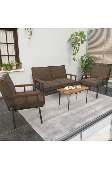 Modern Balkon, Bahçe, Cafe, Metal Kanepe Koltuk Takımı , Bahçe Mobilyası, 211 Sehpalı - Kahverengi ürün görseli 1