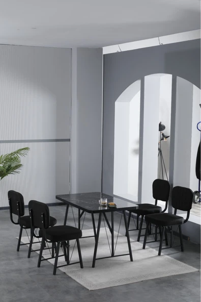 Mygusi Hayat 70x110cm Sabit Bendir Mutfak Masası, Mutfak Masası Takımı, Yemek Masası, 4 Siyah Sandalye ürün görseli 1