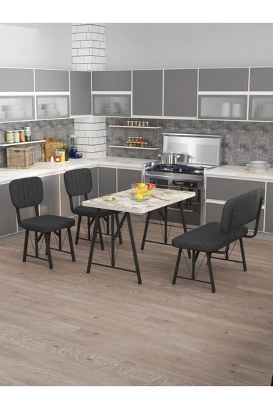Mygusi Hayat 70x110 Efes Mutfak Masası, Mutfak Masası Takımı, Yemek Masası, 2 Sandalye 1 Bench - Antrasit ürün görseli 1