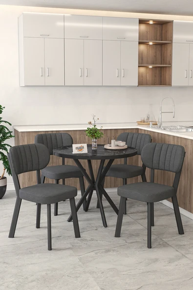 Mygusi Gnr 90cm Sabit Siyah Mutfak Masası Takımı, Yemek Masası, 4 Modern Antrasit Sandalye ürün görseli 1