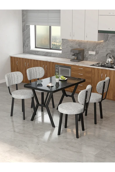 Mygusi Azra 70x110cm Bendir Mutfak Masası, Mutfak Masası Takımı, Yemek Masası, 4 Açık Gri Sandalye ürün görseli 1