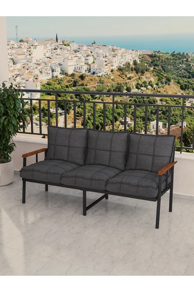 Mygusi Modern Balkon, Bahçe, Cafe, Metal Koltuk, Kanepe Üçlü - Koyu Gri ürün görseli 1