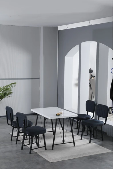 Mygusi Hayat 70x110cm Sabit Beyaz Mutfak Masası, Mutfak Masası Takımı, Yemek Masası, 4 Lacivert Sandalye ürün görseli 1