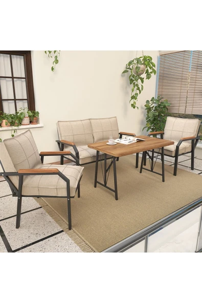 Mygusi Hayal Balkon, Bahçe, Cafe, Metal Kanepe Koltuk Takımı , Bahçe Mobilyası, 211 - 70x110 Masalı - Krem ürün görseli 1