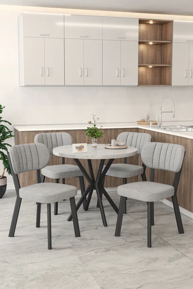 Mygusi Gnr 90cm Sabit Beyaz Mutfak Masası Takımı, Yemek Masası, 4 Modern Gri Sandalye ürün görseli 1