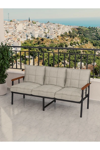 Mygusi Modern Balkon, Bahçe, Cafe, Metal Koltuk, Kanepe Üçlü - Krem ürün görseli 1
