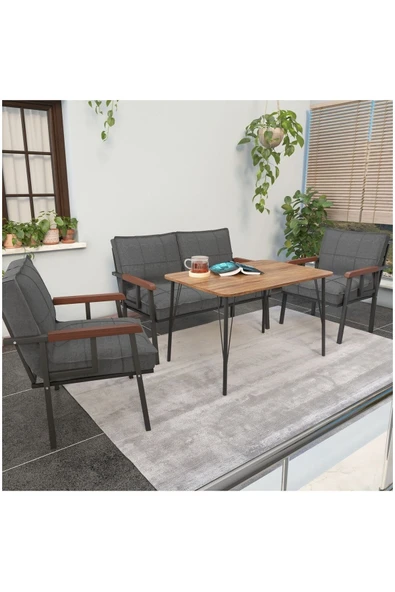 Mygusi Modern Balkon, Bahçe, Cafe - Metal Kanepe Koltuk Takımı - 2 1 1 60x90cm Masalı - Koyu Gri ürün görseli 1