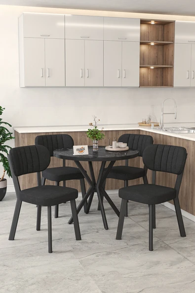 Mygusi Gnr 90cm Sabit Siyah Mutfak Masası Takımı, Yemek Masası, 4 Modern Siyah Sandalye ürün görseli 1