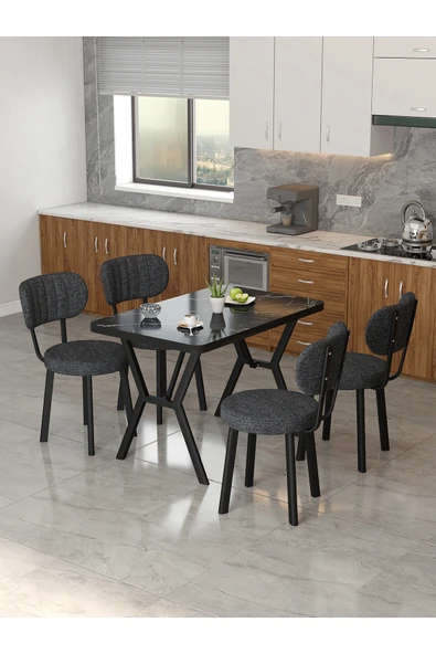 Mygusi Azra 70x110cm Bendir Mutfak Masası, Mutfak Masası Takımı, Yemek Masası, 4 Antrasit Sandalye ürün görseli 1