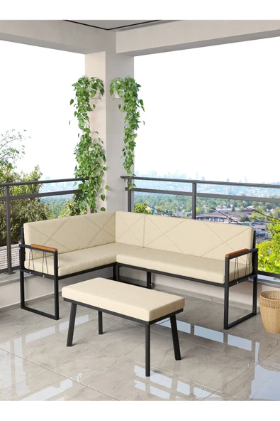 Src Serisi Balkon, Bahçe, Cafe, Köşe Takımı, Balkon Köşe Takımı - Puflu - Krem ürün görseli 1