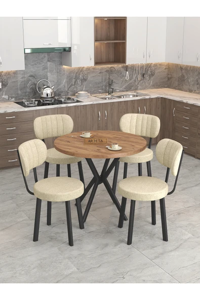 Mygusi Azra 90cm Atlantik Mutfak Masası, Mutfak Masası Takımı, Yemek Masası, 4 Krem Sandalye ürün görseli 1