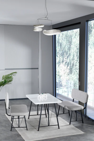Mygusi Hayat 70x110 Beyaz Mutfak Masası, Mutfak Masası Takımı, Yemek Masası, 2 Benchli - Açık Gri ürün görseli 1