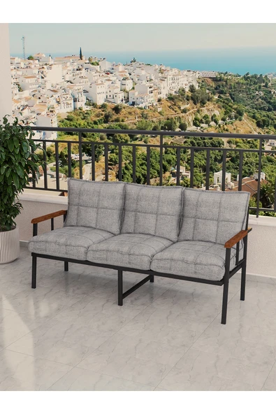 Mygusi Modern Balkon, Bahçe, Cafe, Metal Koltuk, Kanepe Üçlü - Açık Gri ürün görseli 1